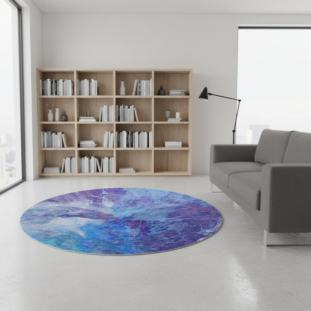 8' Blue Purple And Ivory Abstract Washable Round Rug With UV Protection-0