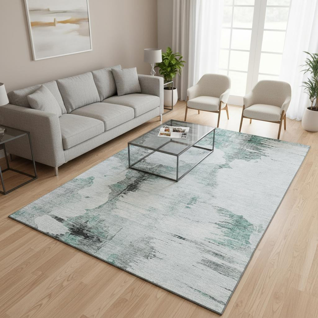 5' X 8' Teal Gray And Ivory Abstract Washable Area Rug With UV Protection-1