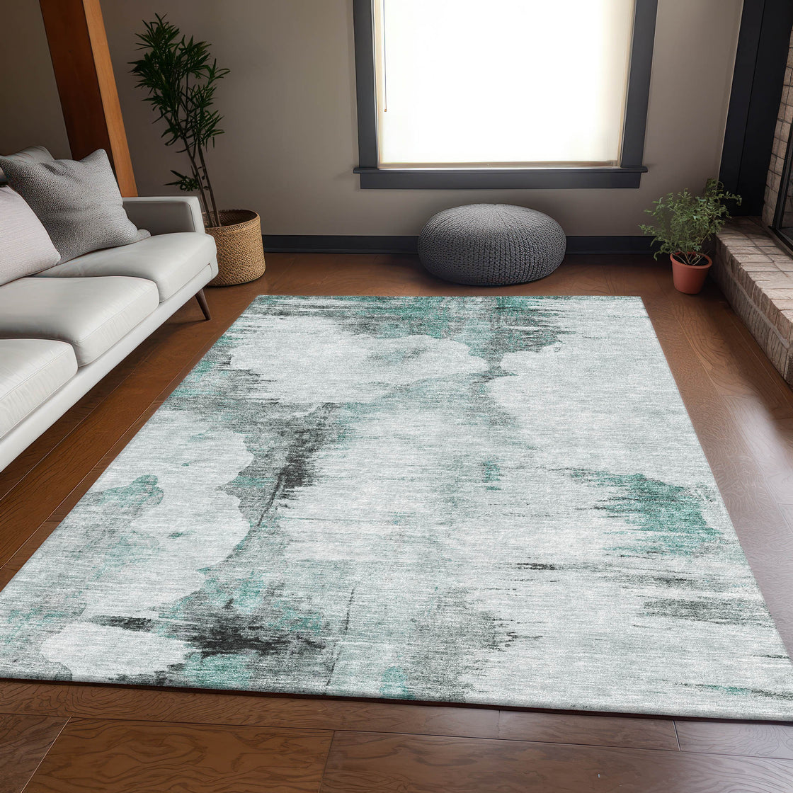 5' X 8' Teal Gray And Ivory Abstract Washable Area Rug With UV Protection-2