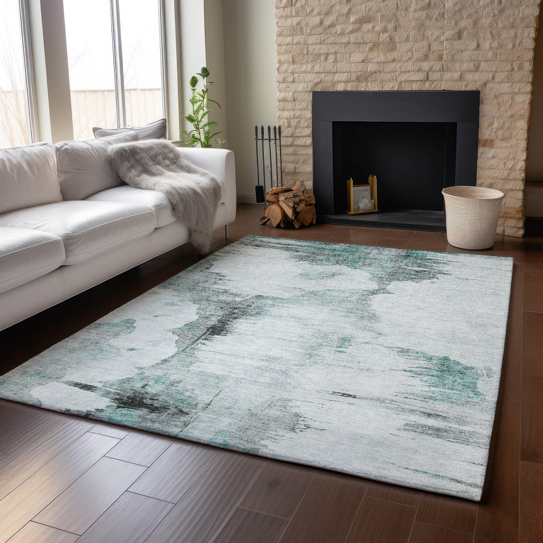5' X 8' Teal Gray And Ivory Abstract Washable Area Rug With UV Protection-3
