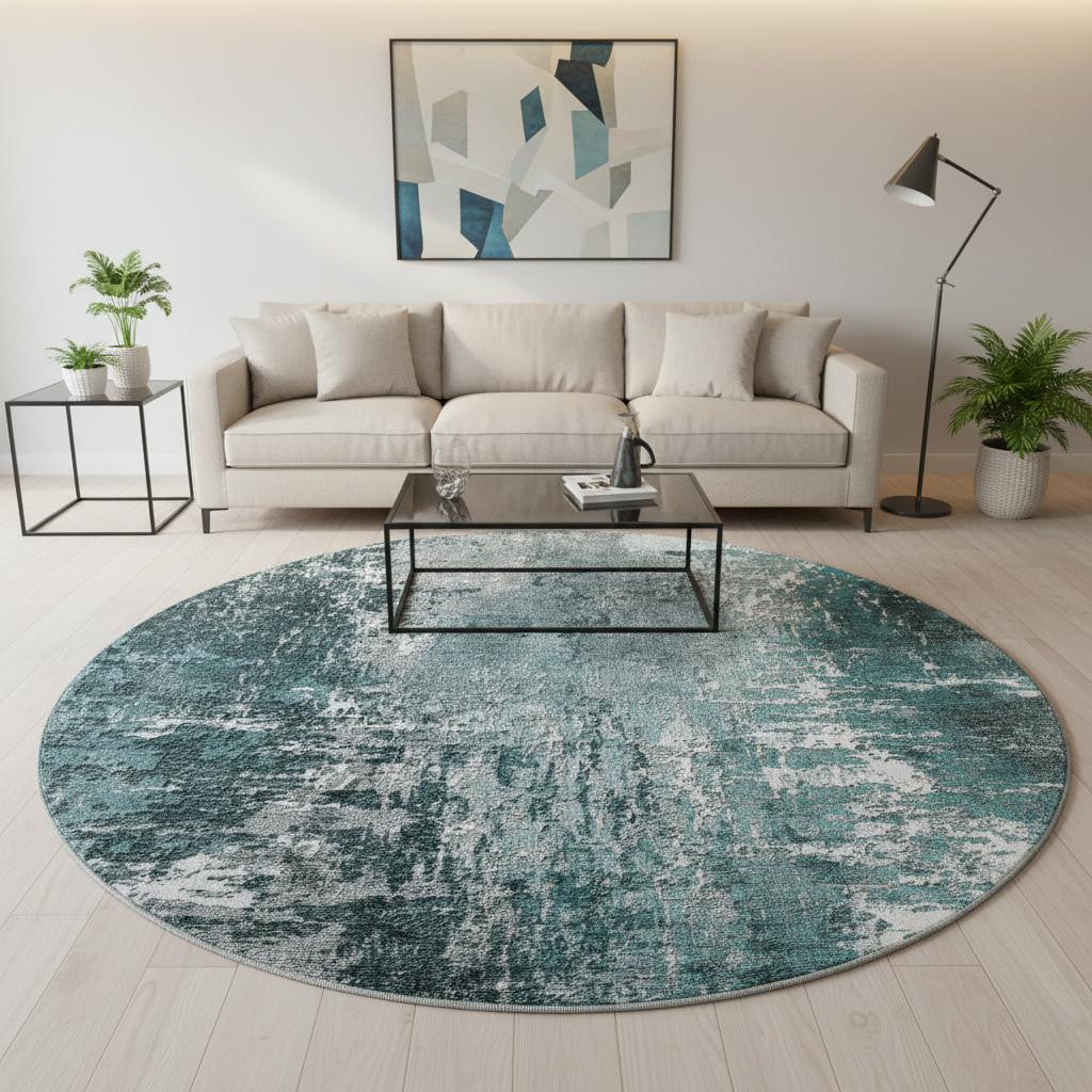 8' Teal And Ivory Abstract Washable Round Rug With UV Protection-0