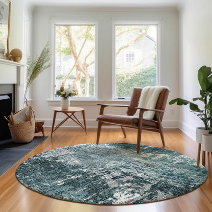 8' Teal And Ivory Abstract Washable Round Rug With UV Protection-5