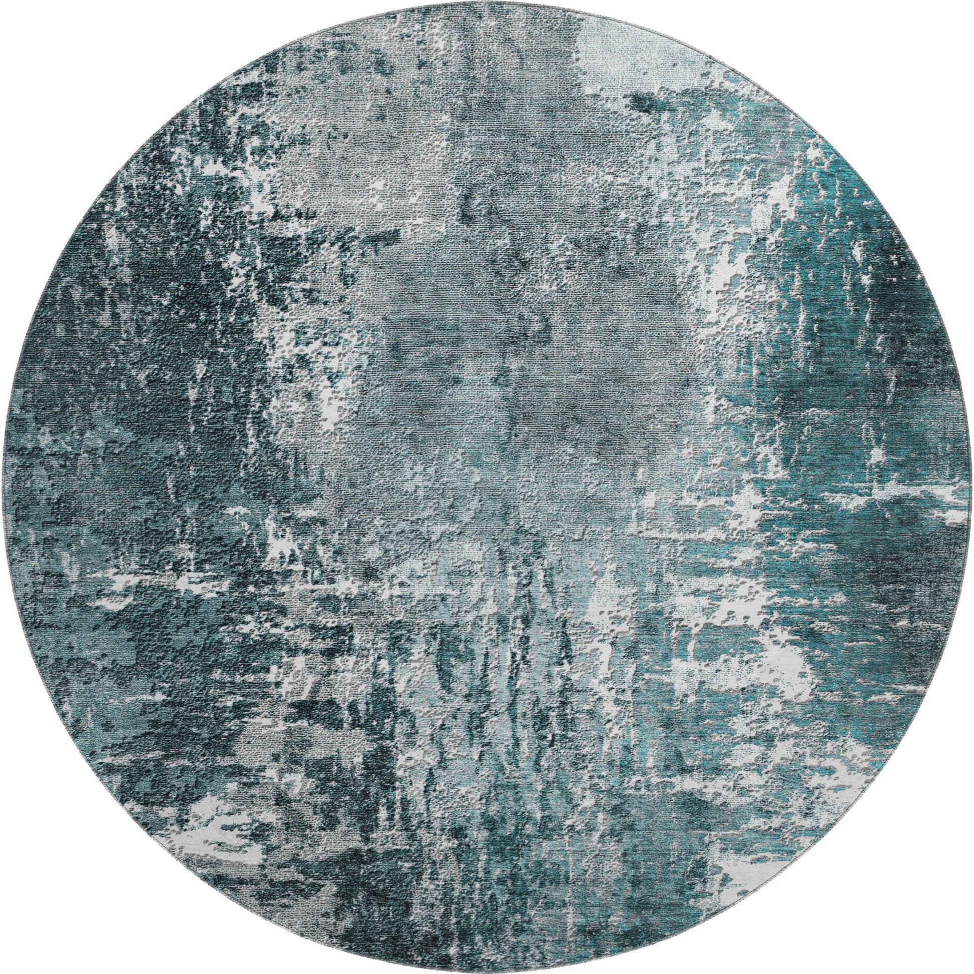 8' Teal And Ivory Abstract Washable Round Rug With UV Protection-1