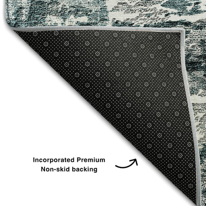 8' Teal And Ivory Abstract Washable Round Rug With UV Protection-7