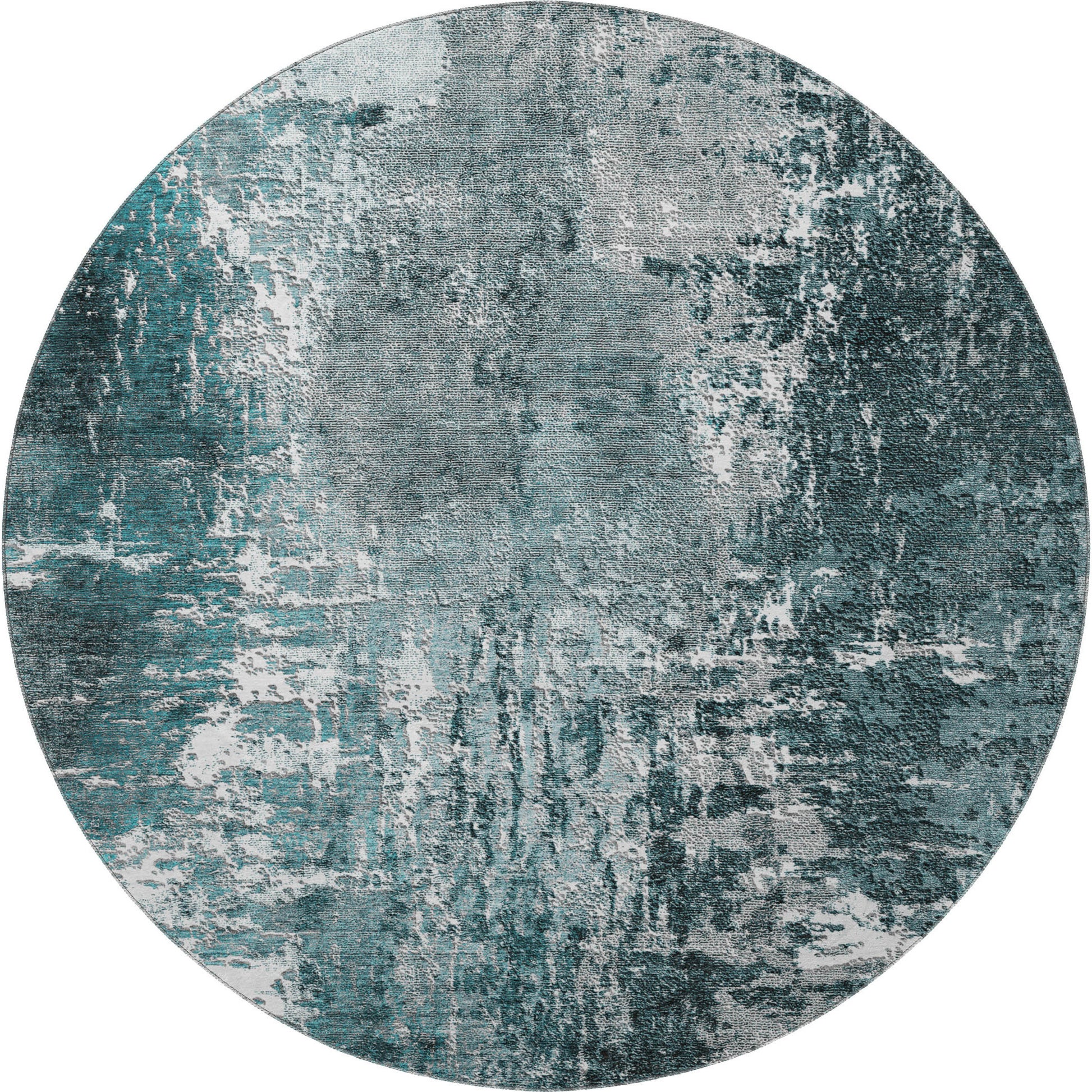 8' Teal And Ivory Abstract Washable Round Rug With UV Protection-3