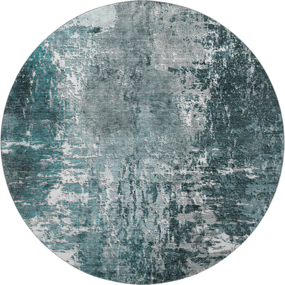 8' Teal And Ivory Abstract Washable Round Rug With UV Protection-3