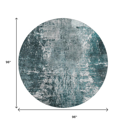 8' Teal And Ivory Abstract Washable Round Rug With UV Protection-2