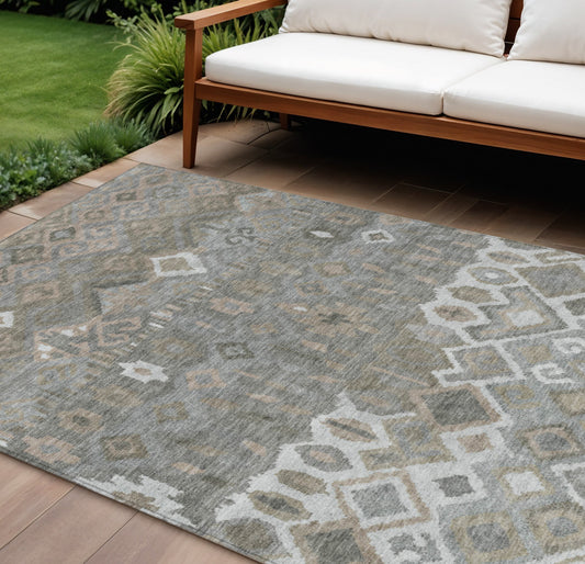 8' X 10' Pewter Ivory And Tan Geometric Washable Indoor Outdoor Area Rug-0