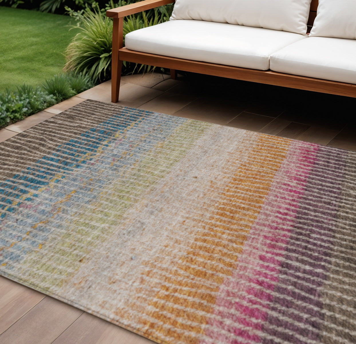 8' X 10' Chocolate Orange And Pink Striped Washable Indoor Outdoor Area Rug-0