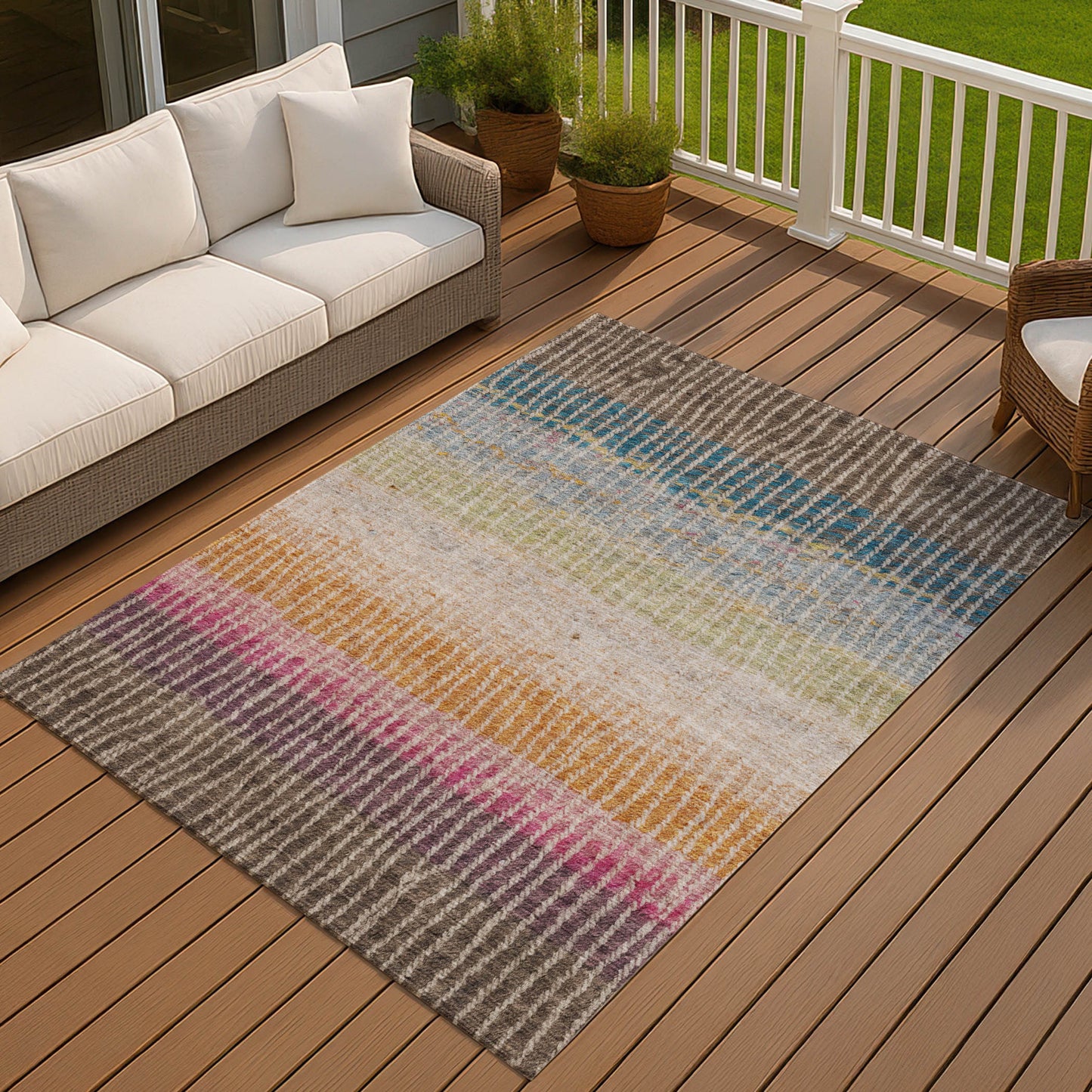 8' X 10' Chocolate Orange And Pink Striped Washable Indoor Outdoor Area Rug-5