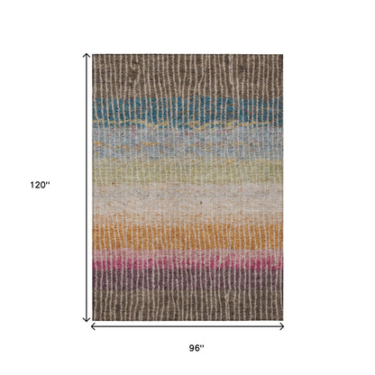 8' X 10' Chocolate Orange And Pink Striped Washable Indoor Outdoor Area Rug-2