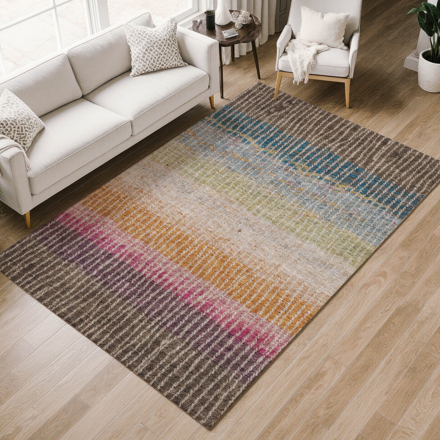 8' X 10' Chocolate Orange And Pink Striped Washable Indoor Outdoor Area Rug-6