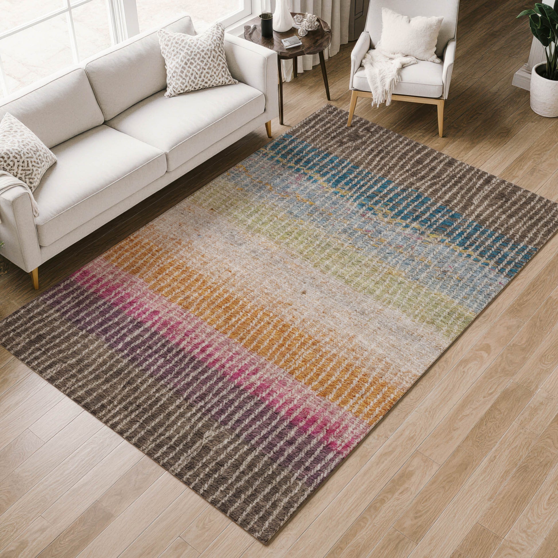 8' X 10' Chocolate Orange And Pink Striped Washable Indoor Outdoor Area Rug-6