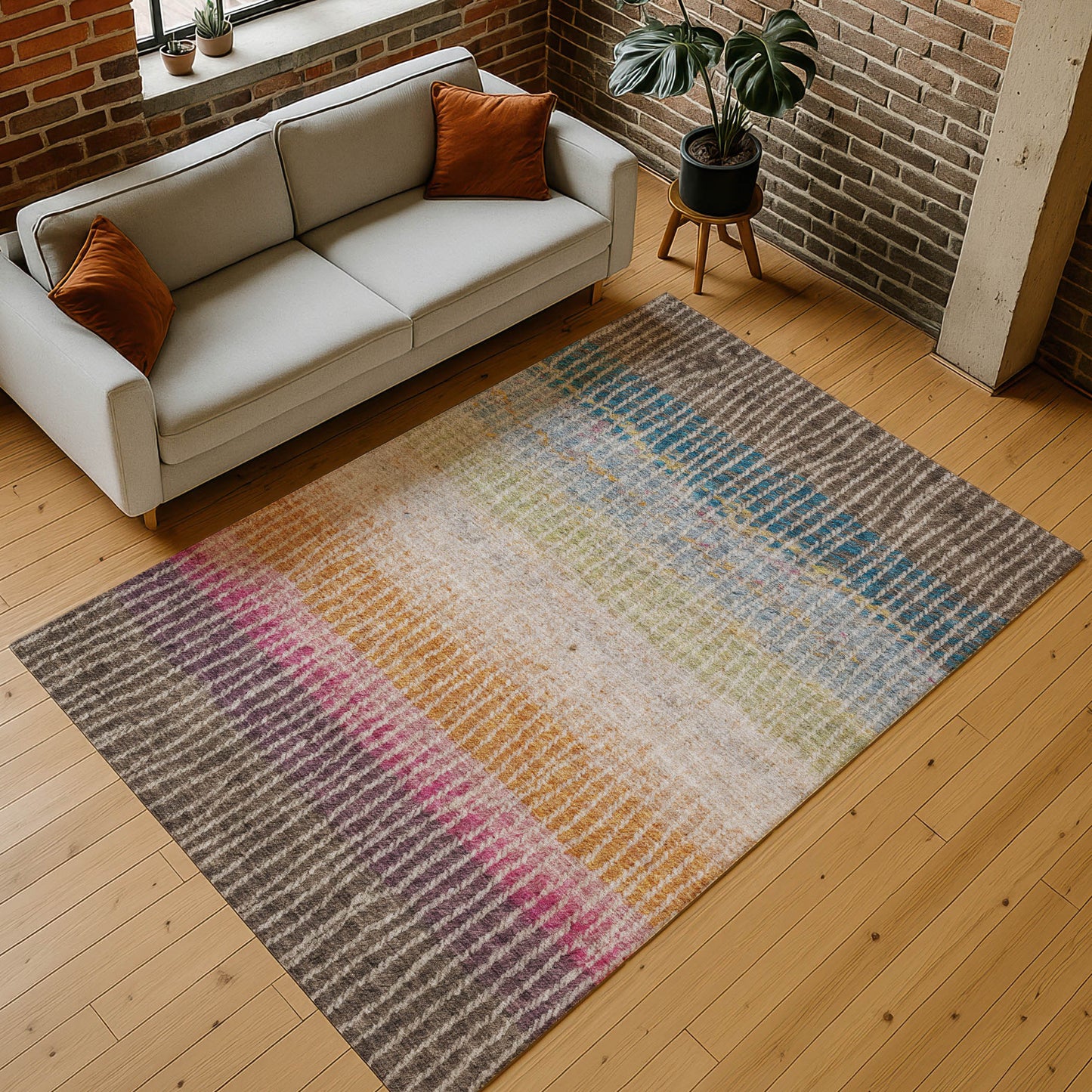 8' X 10' Chocolate Orange And Pink Striped Washable Indoor Outdoor Area Rug-7