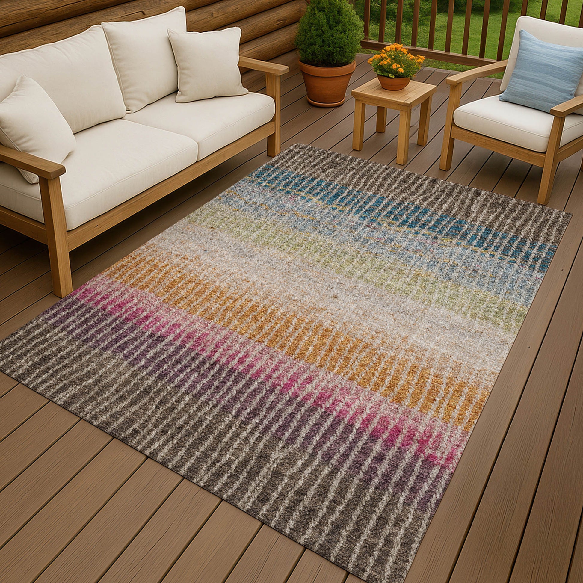 8' X 10' Chocolate Orange And Pink Striped Washable Indoor Outdoor Area Rug-8