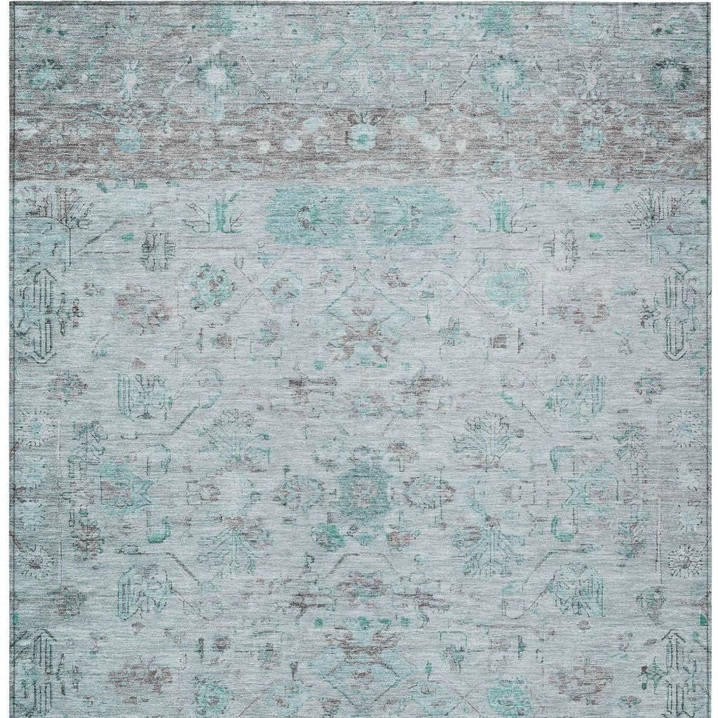 5' X 8' Teal Blue Gray And Silver Tribal Washable Indoor Outdoor Area Rug-5