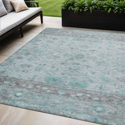 5' X 8' Teal Blue Gray And Silver Tribal Washable Indoor Outdoor Area Rug-0