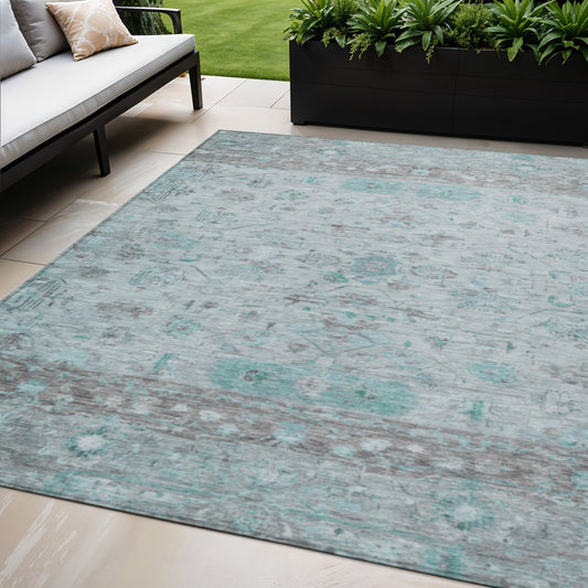 5' X 8' Teal Blue Gray And Silver Tribal Washable Indoor Outdoor Area Rug-0
