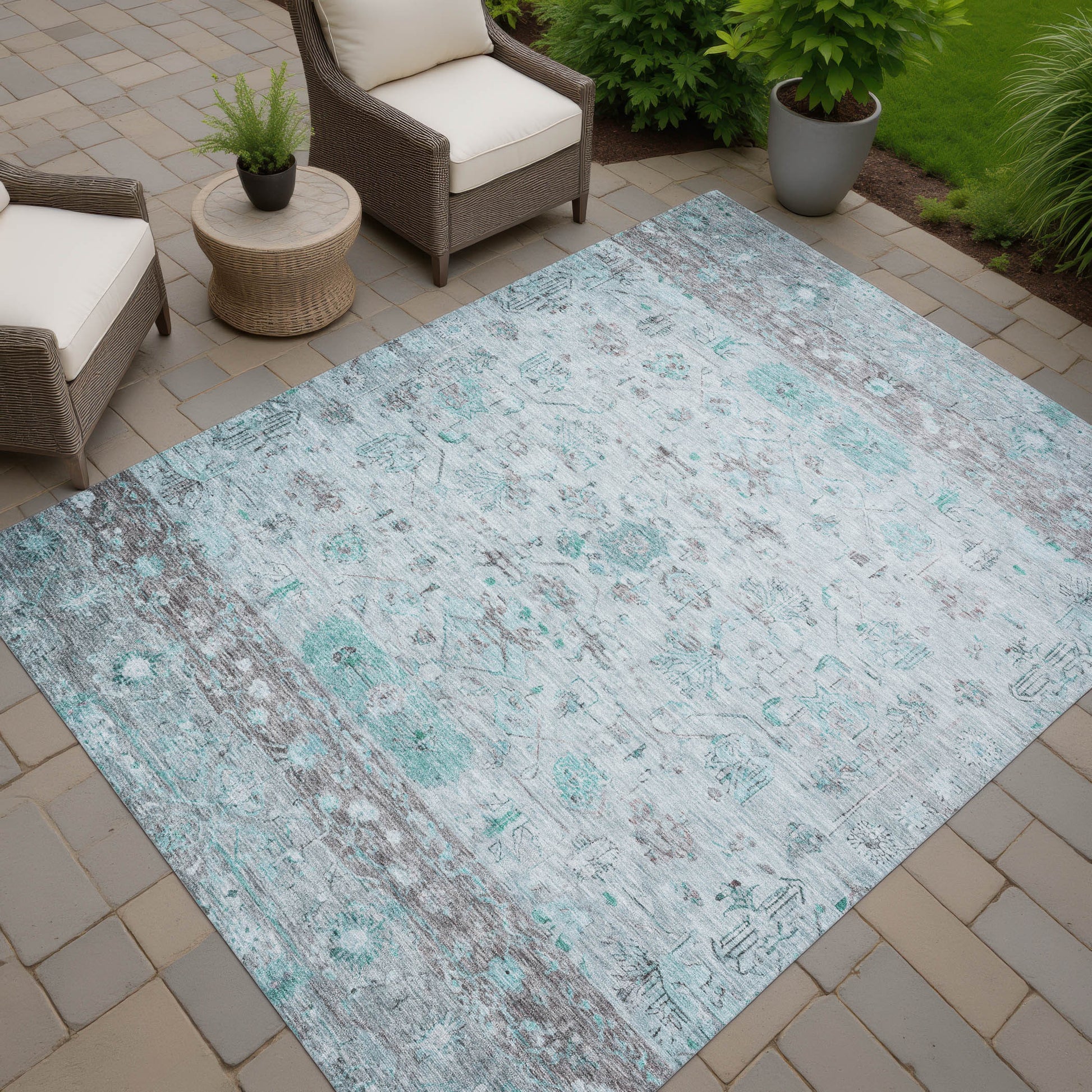 5' X 8' Teal Blue Gray And Silver Tribal Washable Indoor Outdoor Area Rug-6