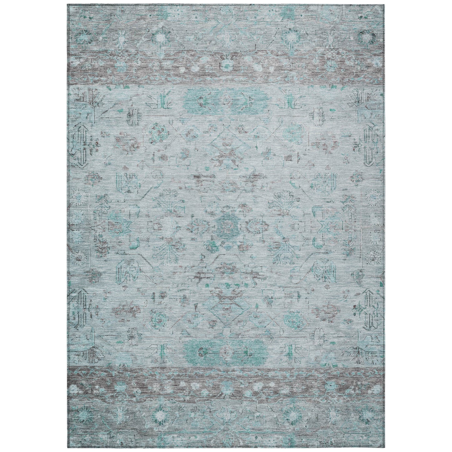 5' X 8' Teal Blue Gray And Silver Tribal Washable Indoor Outdoor Area Rug-1