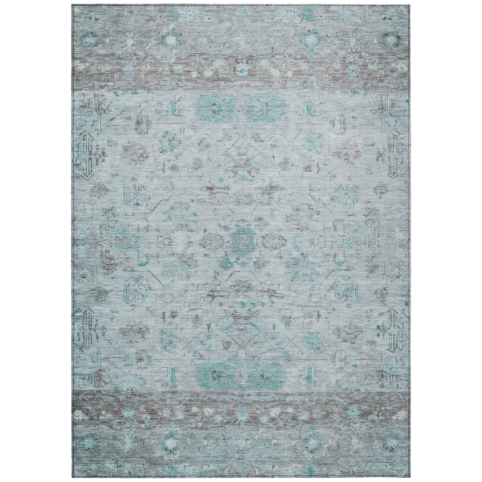 5' X 8' Teal Blue Gray And Silver Tribal Washable Indoor Outdoor Area Rug-1