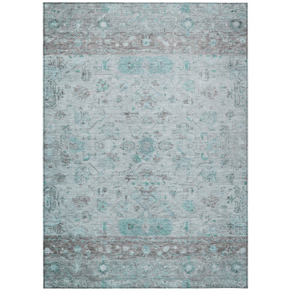 5' X 8' Teal Blue Gray And Silver Tribal Washable Indoor Outdoor Area Rug-1