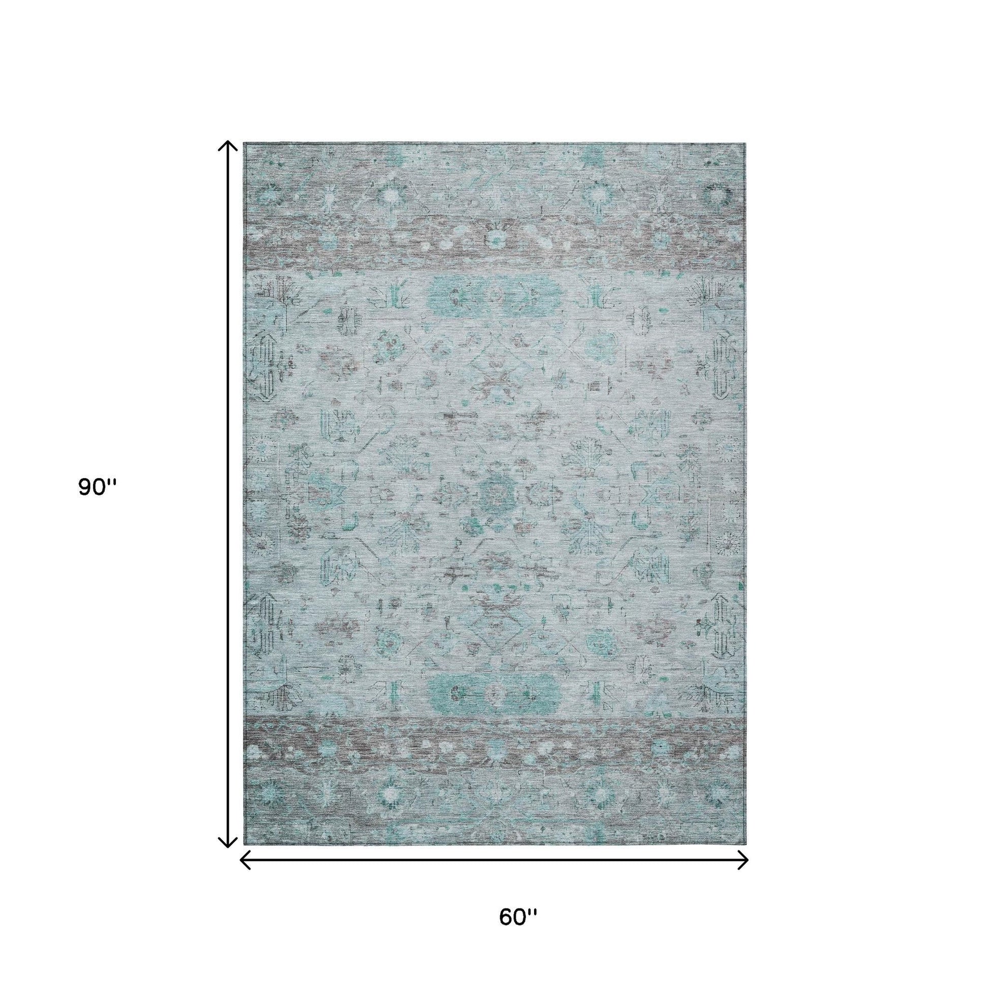 5' X 8' Teal Blue Gray And Silver Tribal Washable Indoor Outdoor Area Rug-2