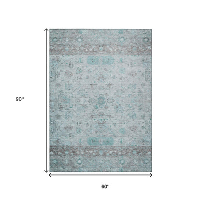 5' X 8' Teal Blue Gray And Silver Tribal Washable Indoor Outdoor Area Rug-2
