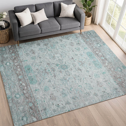 5' X 8' Teal Blue Gray And Silver Tribal Washable Indoor Outdoor Area Rug-8