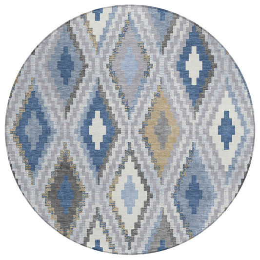 8' Denim Blue Gray And Ivory Round Geometric Washable Indoor Outdoor Area Rug-0
