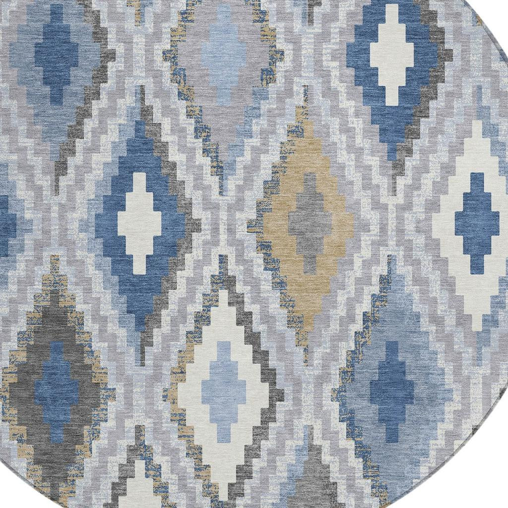 8' Denim Blue Gray And Ivory Round Geometric Washable Indoor Outdoor Area Rug-4