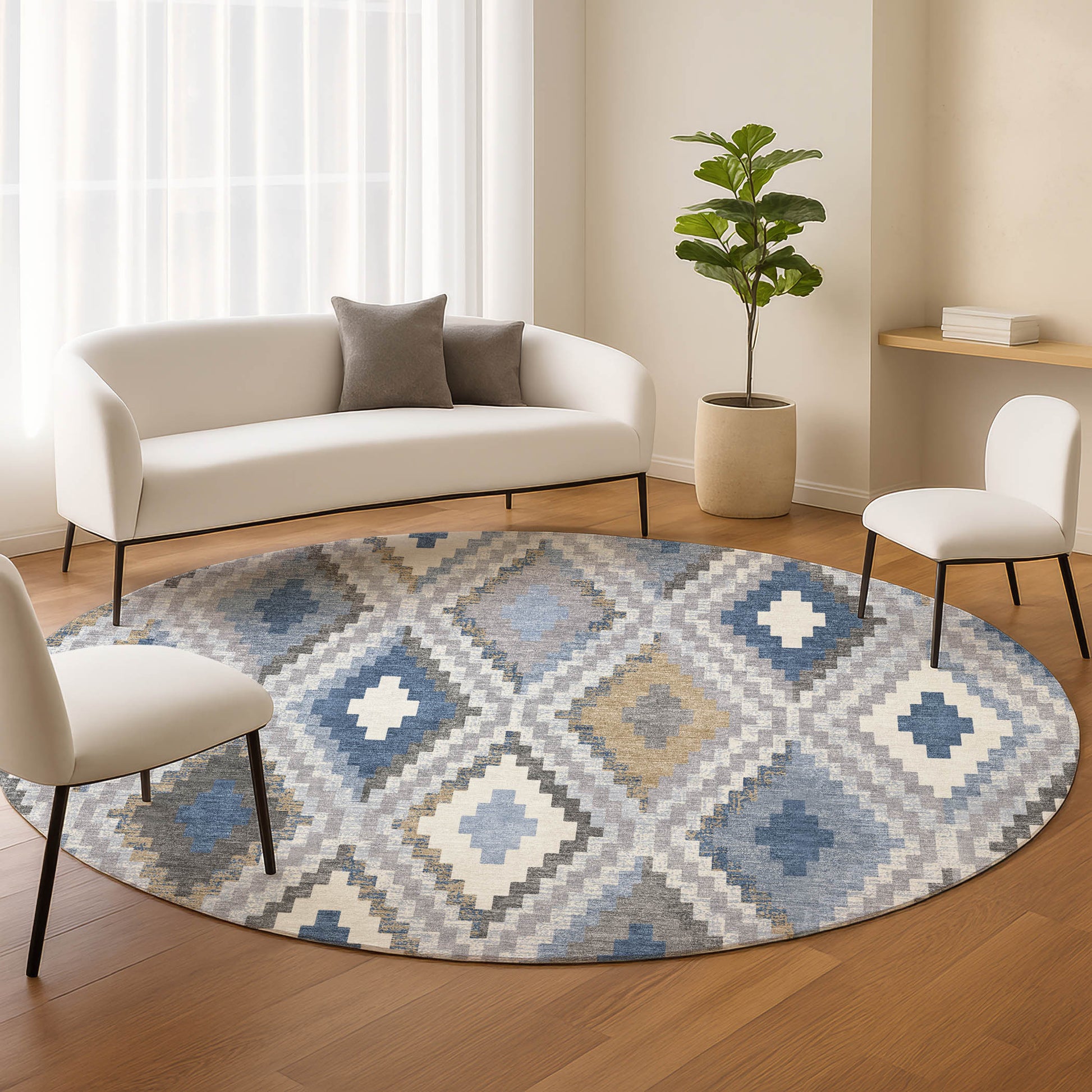 8' Denim Blue Gray And Ivory Round Geometric Washable Indoor Outdoor Area Rug-7