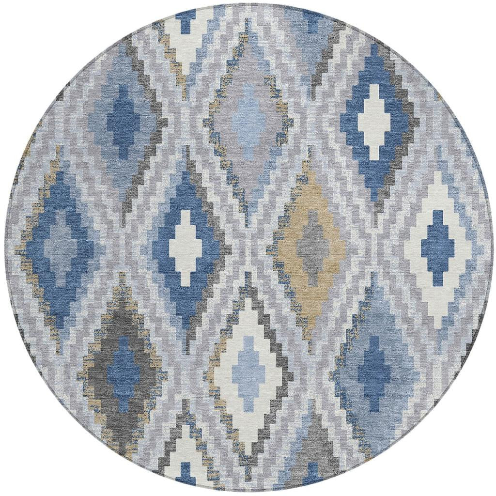 8' Denim Blue Gray And Ivory Round Geometric Washable Indoor Outdoor Area Rug-1