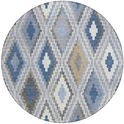 8' Denim Blue Gray And Ivory Round Geometric Washable Indoor Outdoor Area Rug-1