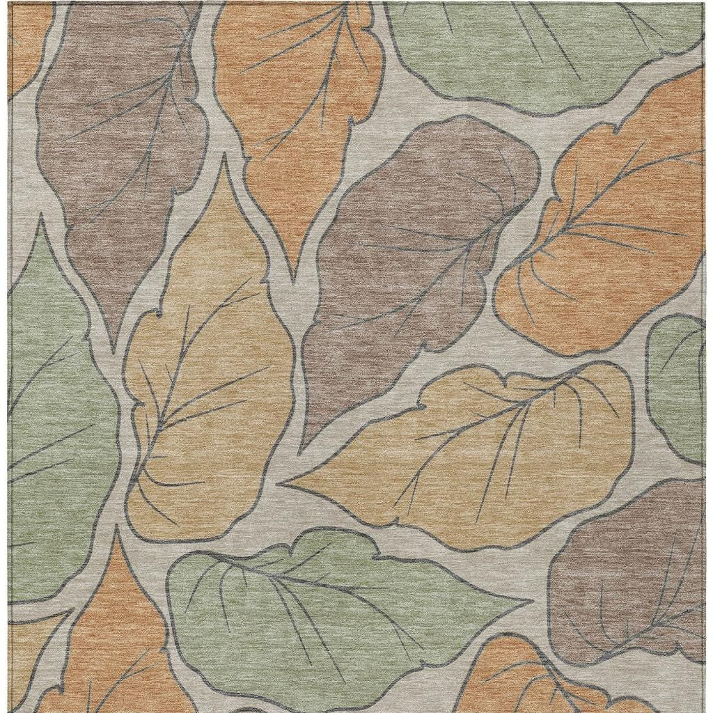 9' X 12' Copper Ivory And Sage Botanical Leaves Washable Indoor Outdoor Area Rug-2
