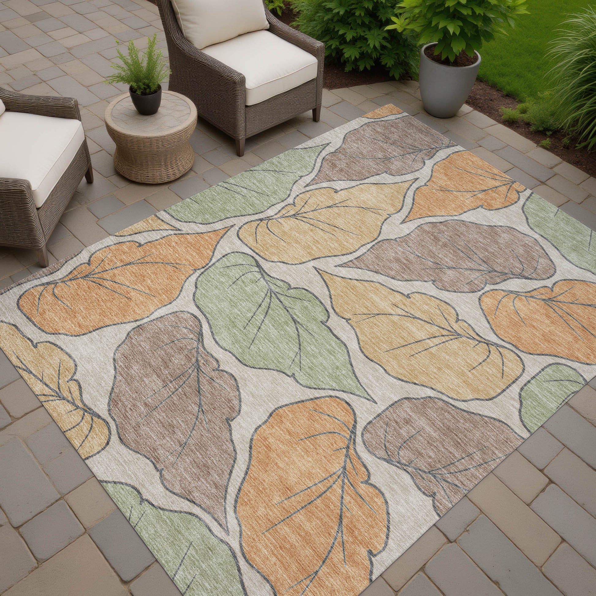 9' X 12' Copper Ivory And Sage Botanical Leaves Washable Indoor Outdoor Area Rug-5