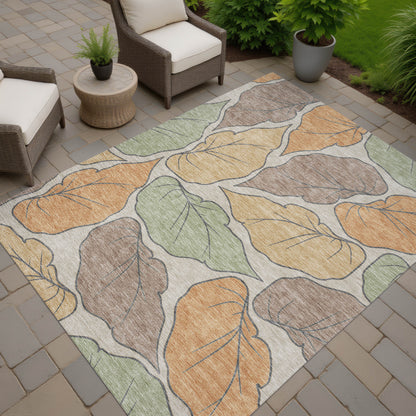 9' X 12' Copper Ivory And Sage Botanical Leaves Washable Indoor Outdoor Area Rug-5