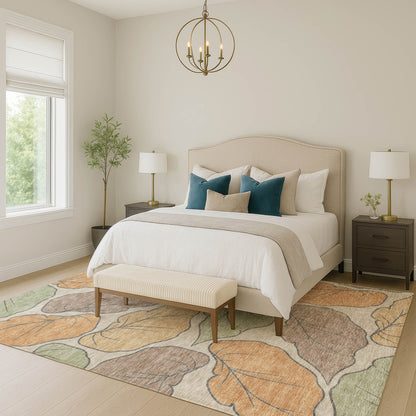 9' X 12' Copper Ivory And Sage Botanical Leaves Washable Indoor Outdoor Area Rug-6