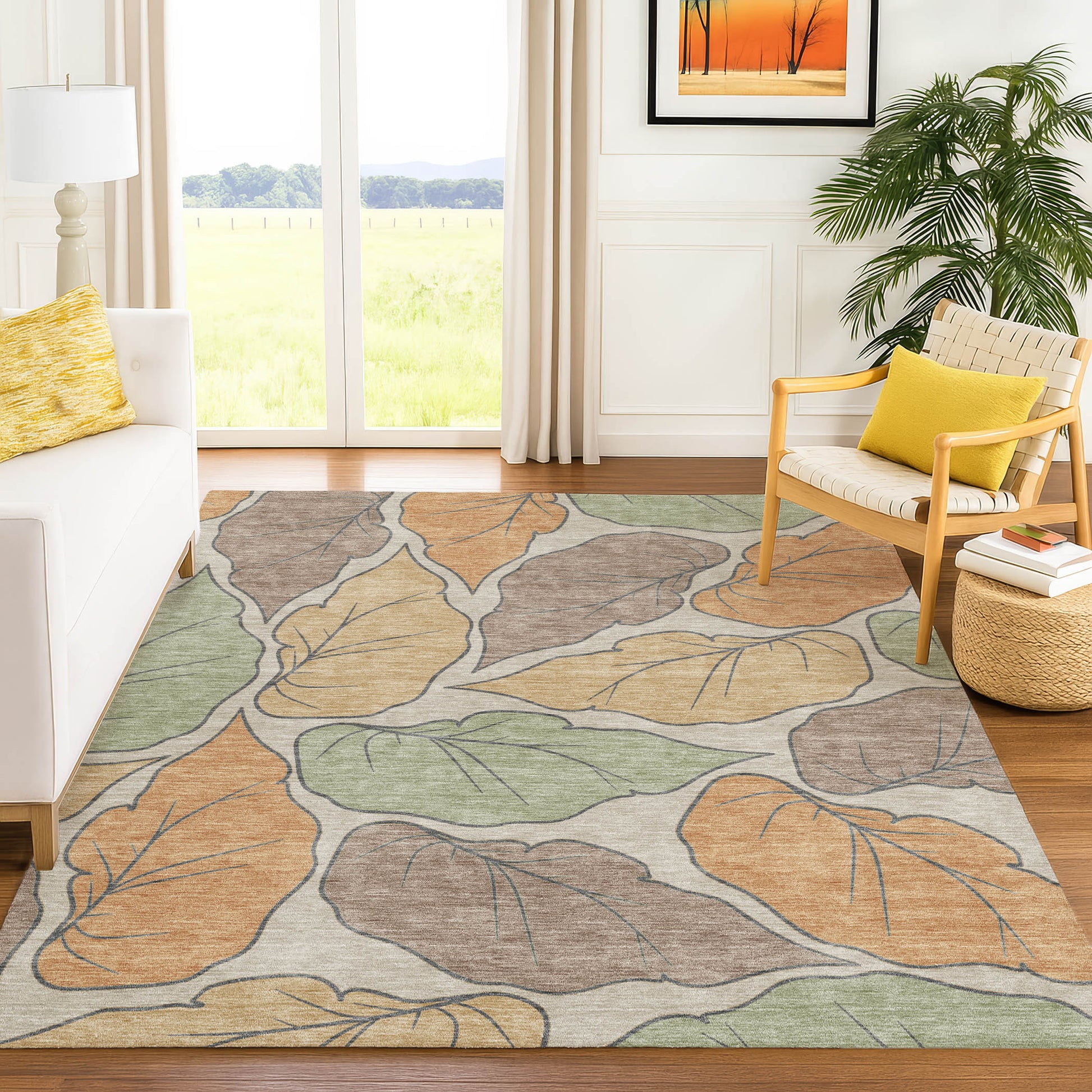 9' X 12' Copper Ivory And Sage Botanical Leaves Washable Indoor Outdoor Area Rug-7