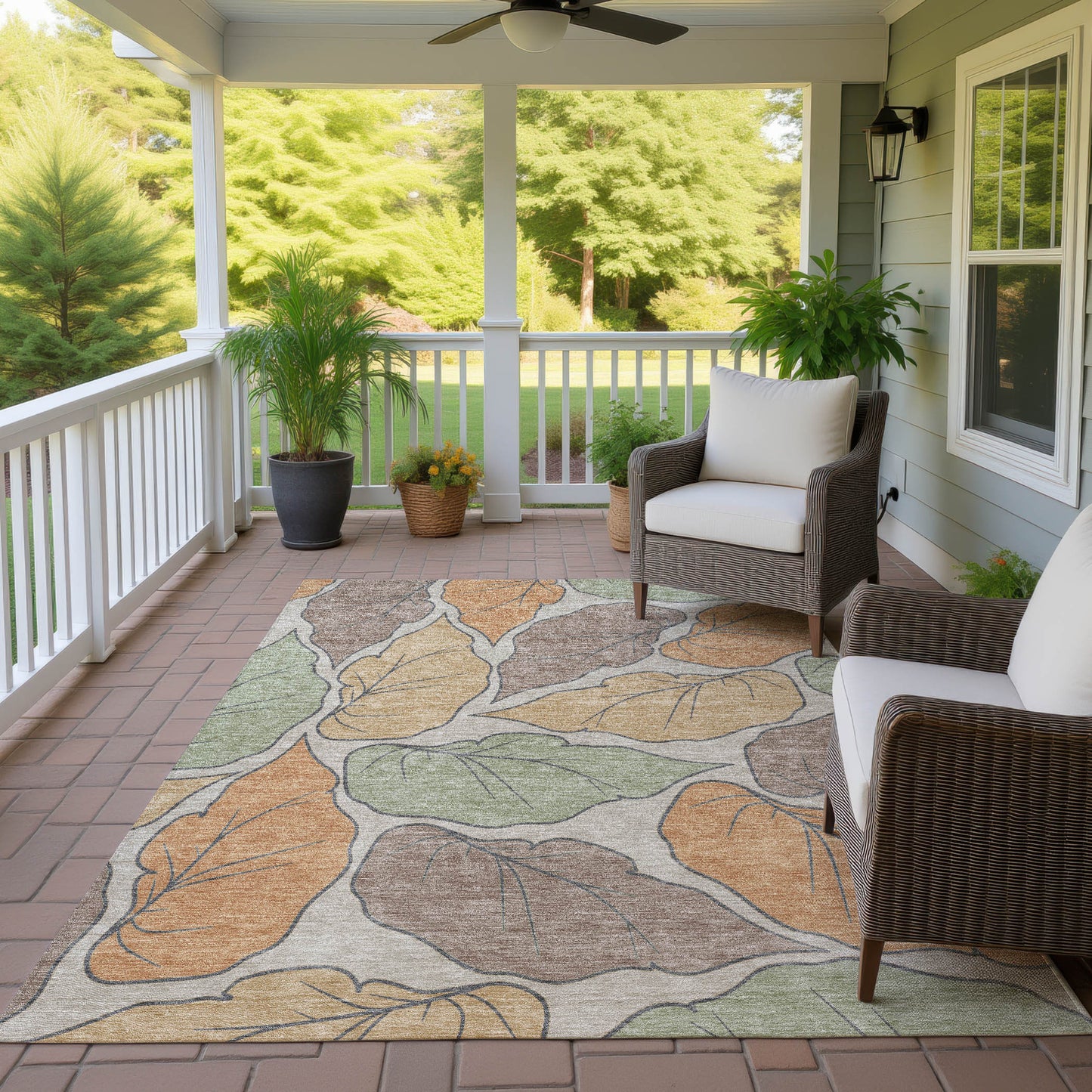 9' X 12' Copper Ivory And Sage Botanical Leaves Washable Indoor Outdoor Area Rug-8