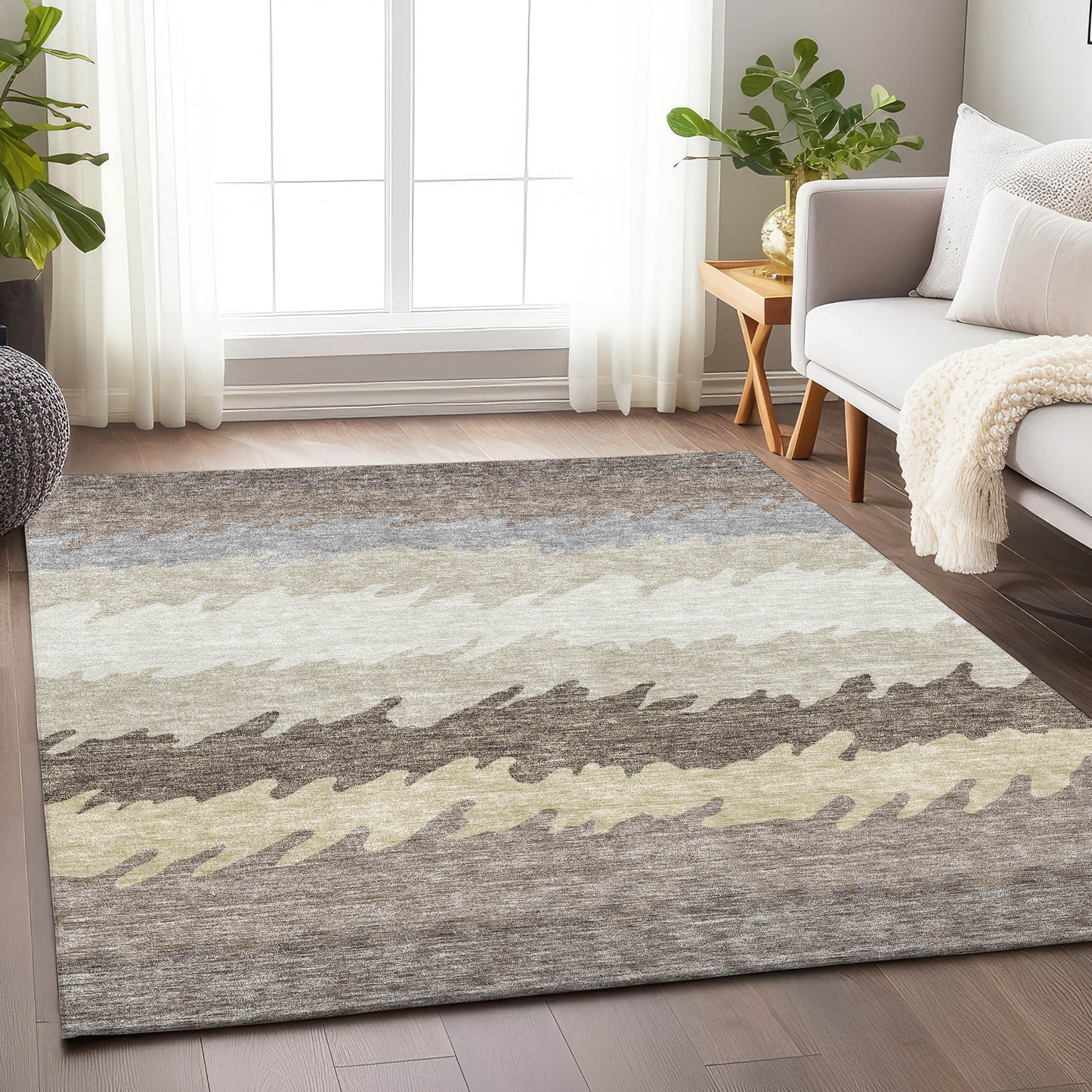 8' X 10' Taupe Gray And Beige Striped Washable Area Rug With UV Protection-3