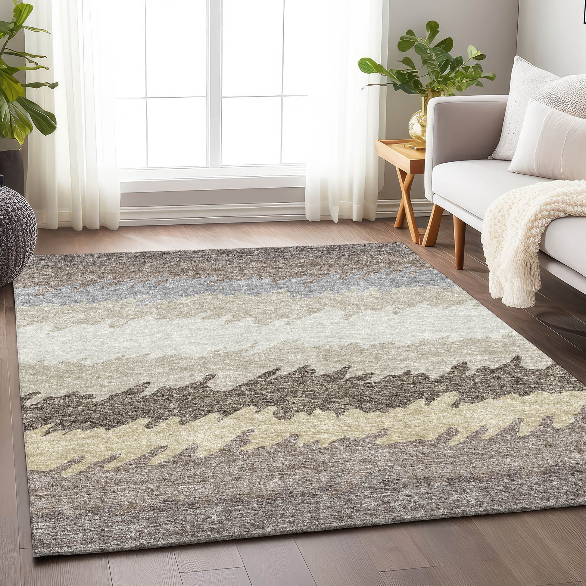 8' X 10' Taupe Gray And Beige Striped Washable Area Rug With UV Protection-3