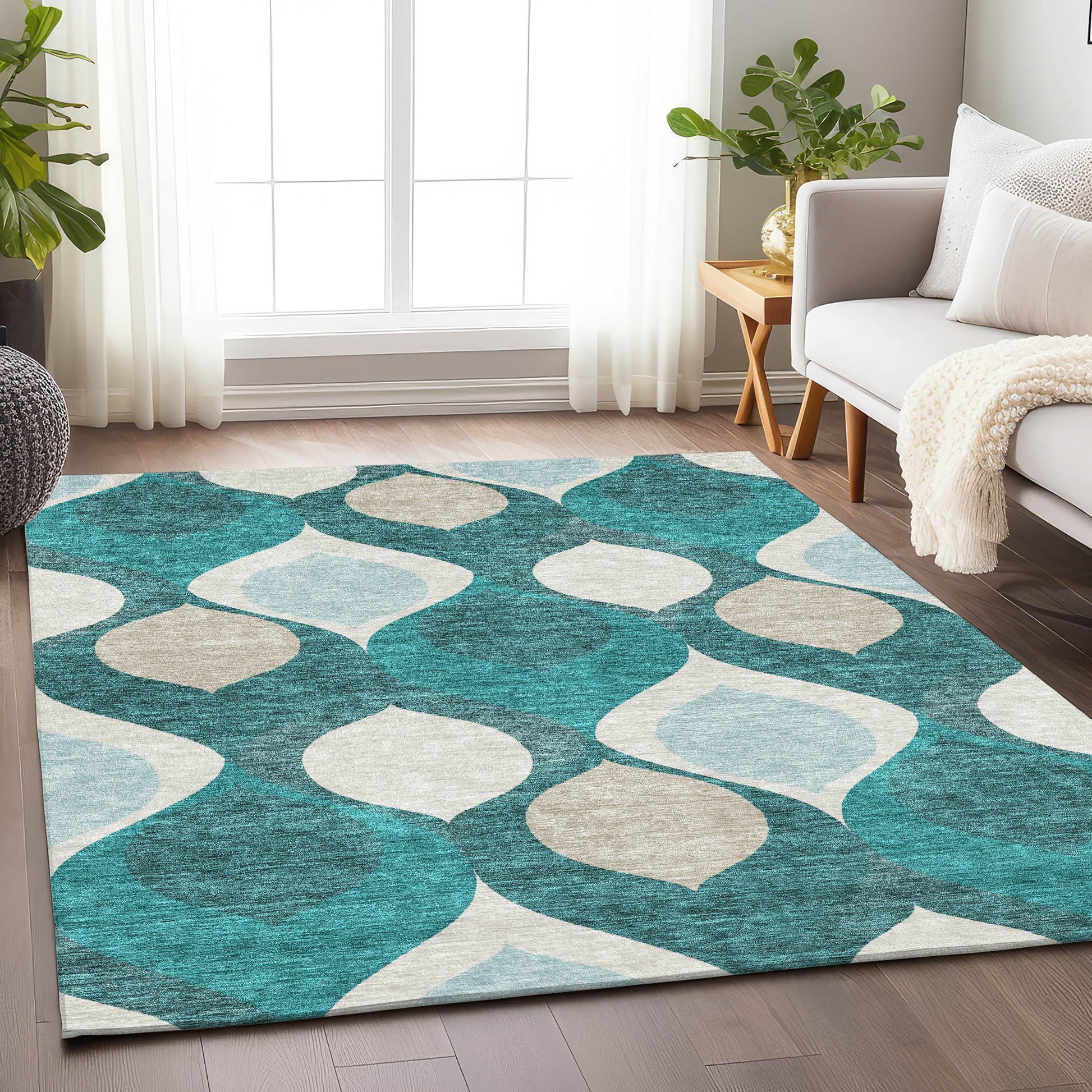 5' X 8' Teal And Ivory Ogee Washable Area Rug With UV Protection-3