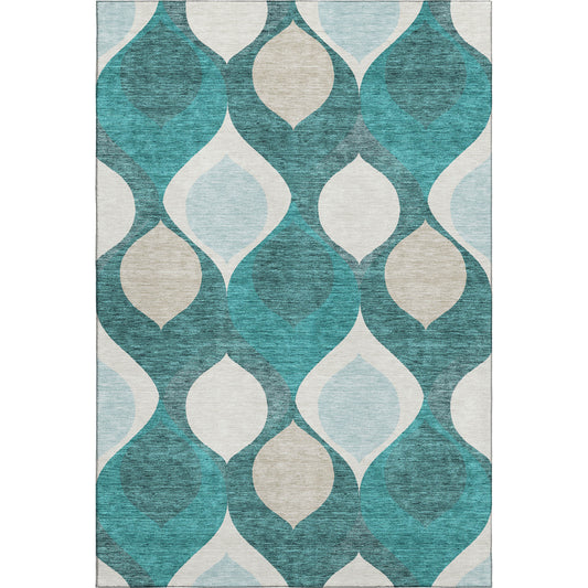 5' X 8' Teal And Ivory Ogee Washable Area Rug With UV Protection-0