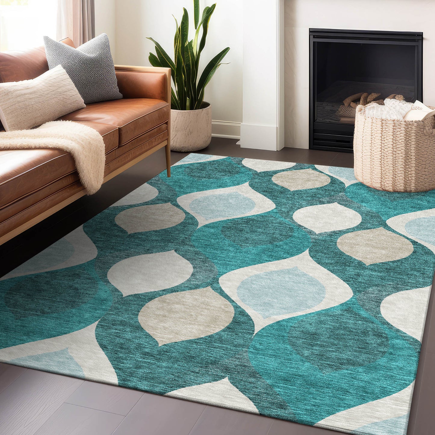 5' X 8' Teal And Ivory Ogee Washable Area Rug With UV Protection-4