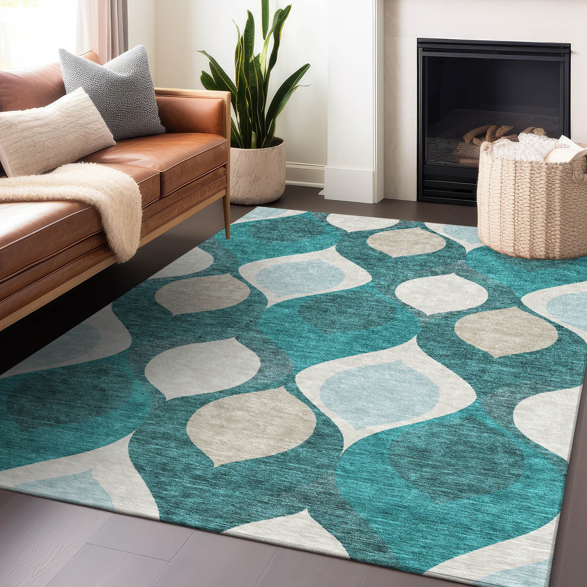 5' X 8' Teal And Ivory Ogee Washable Area Rug With UV Protection-4