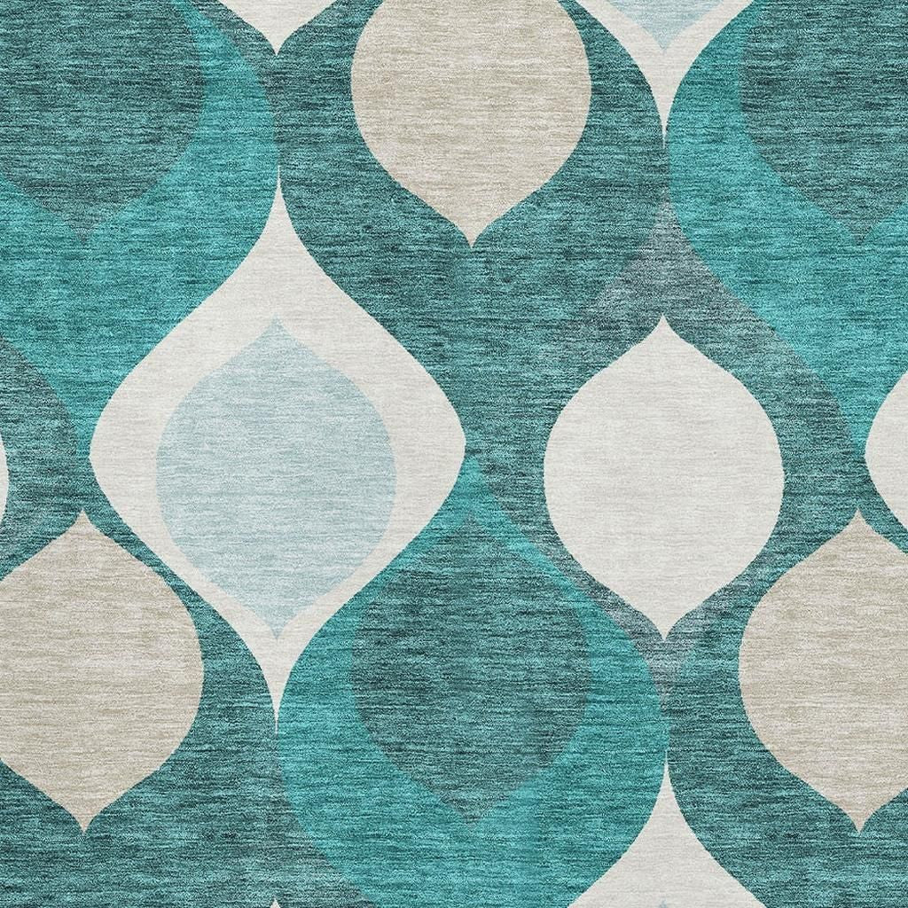 5' X 8' Teal And Ivory Ogee Washable Area Rug With UV Protection-1