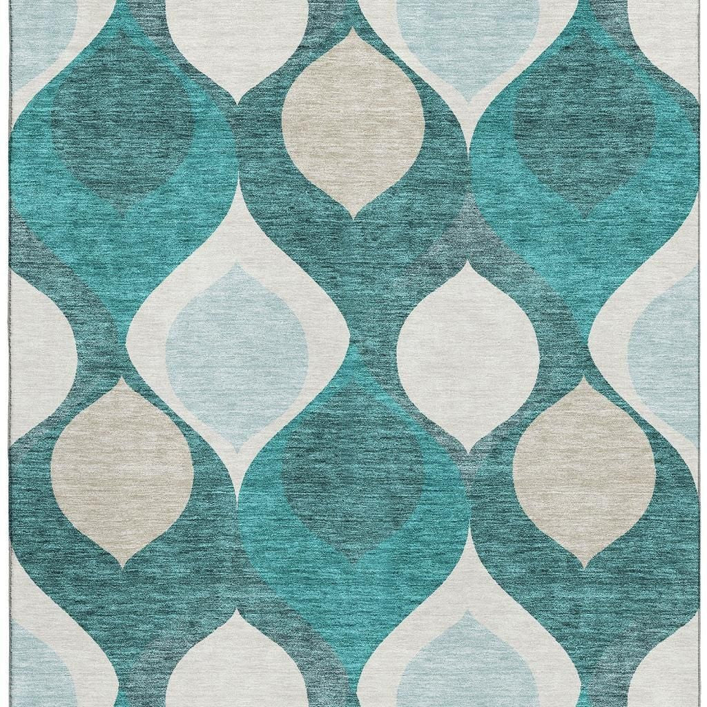 5' X 8' Teal And Ivory Ogee Washable Area Rug With UV Protection-2