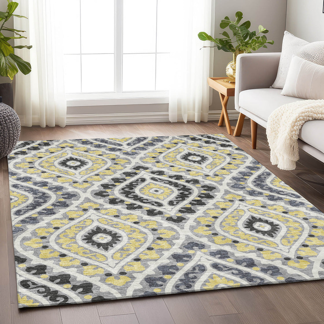10' X 14' Gray Gold And Silver Diamond Washable Area Rug With UV Protection-3