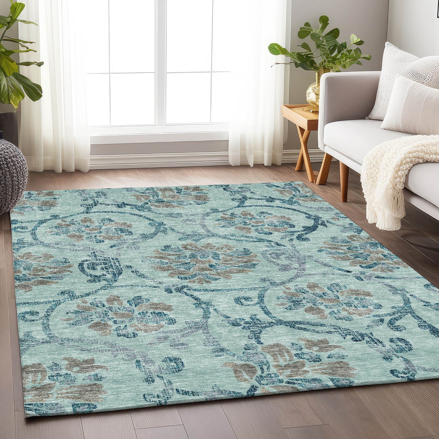 8' X 10' Teal And Gray Floral Washable Area Rug With UV Protection-3